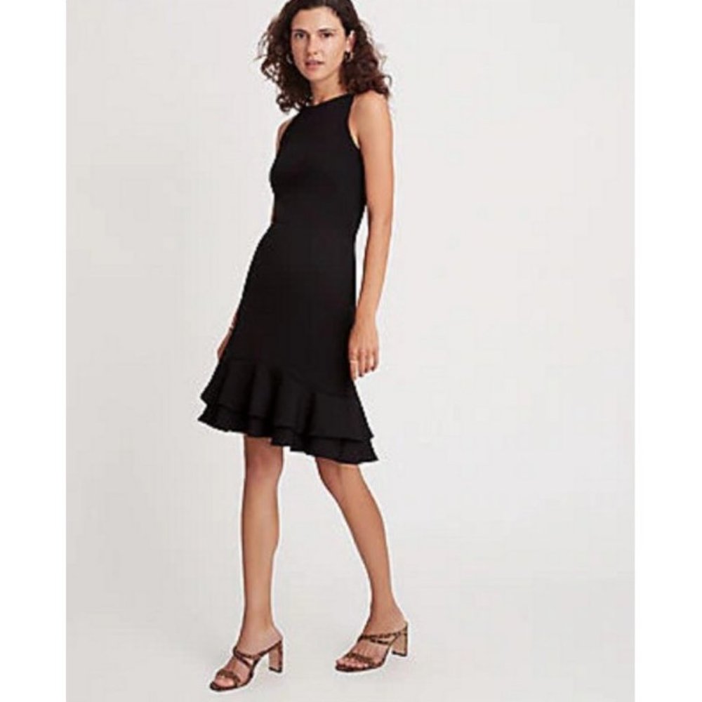 HOST PICK ❤️ ANN TAYLOR BLACK SLEEVELESS DOUBLE RUFFLE SHEATH DRESS 0 NWT